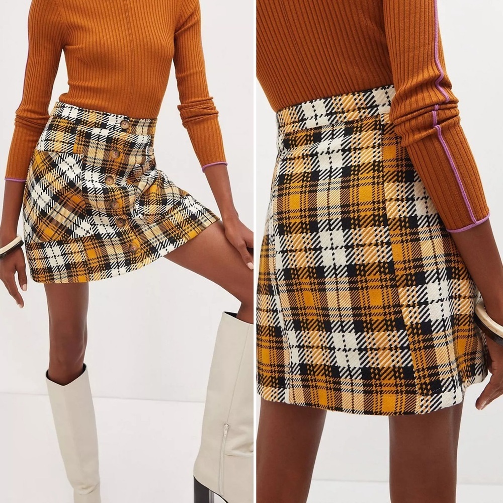 Anthropologie Maeve Black & Yellow Patterned Plaid Mini Skirt Women’s Size 6